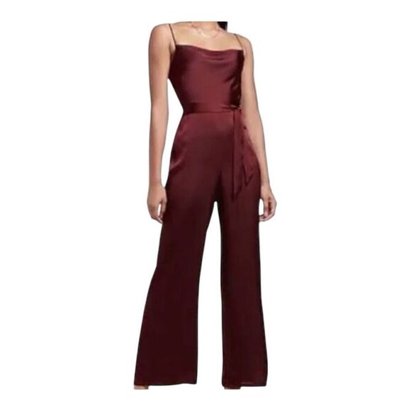 Express bordeaux cowl neck satin jumpsuit wine M adjustable straps w belt